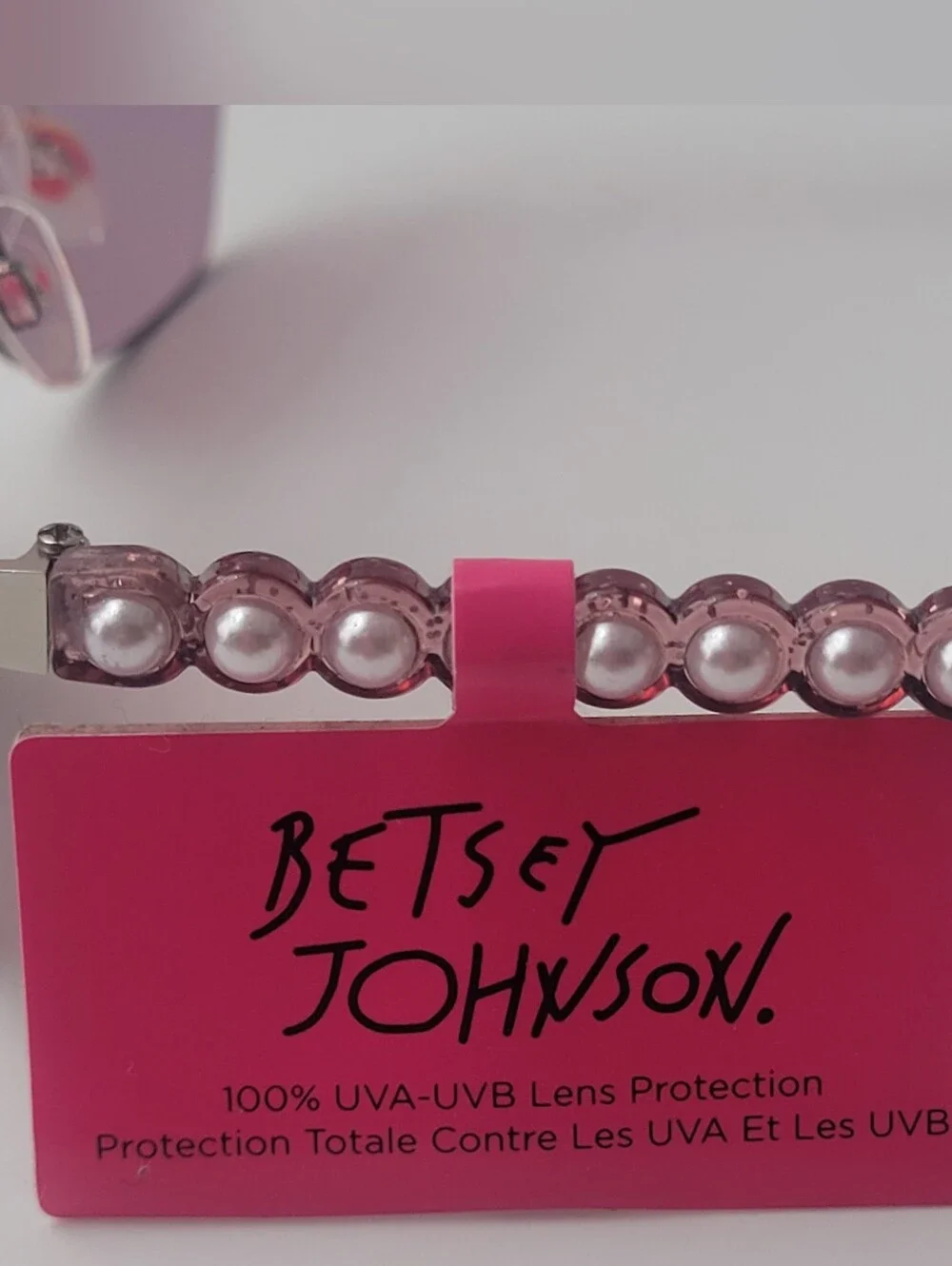 Betsey Johnson Purple Oversized Cat Eye Sunglasses Pearl Temples Rimless UV400